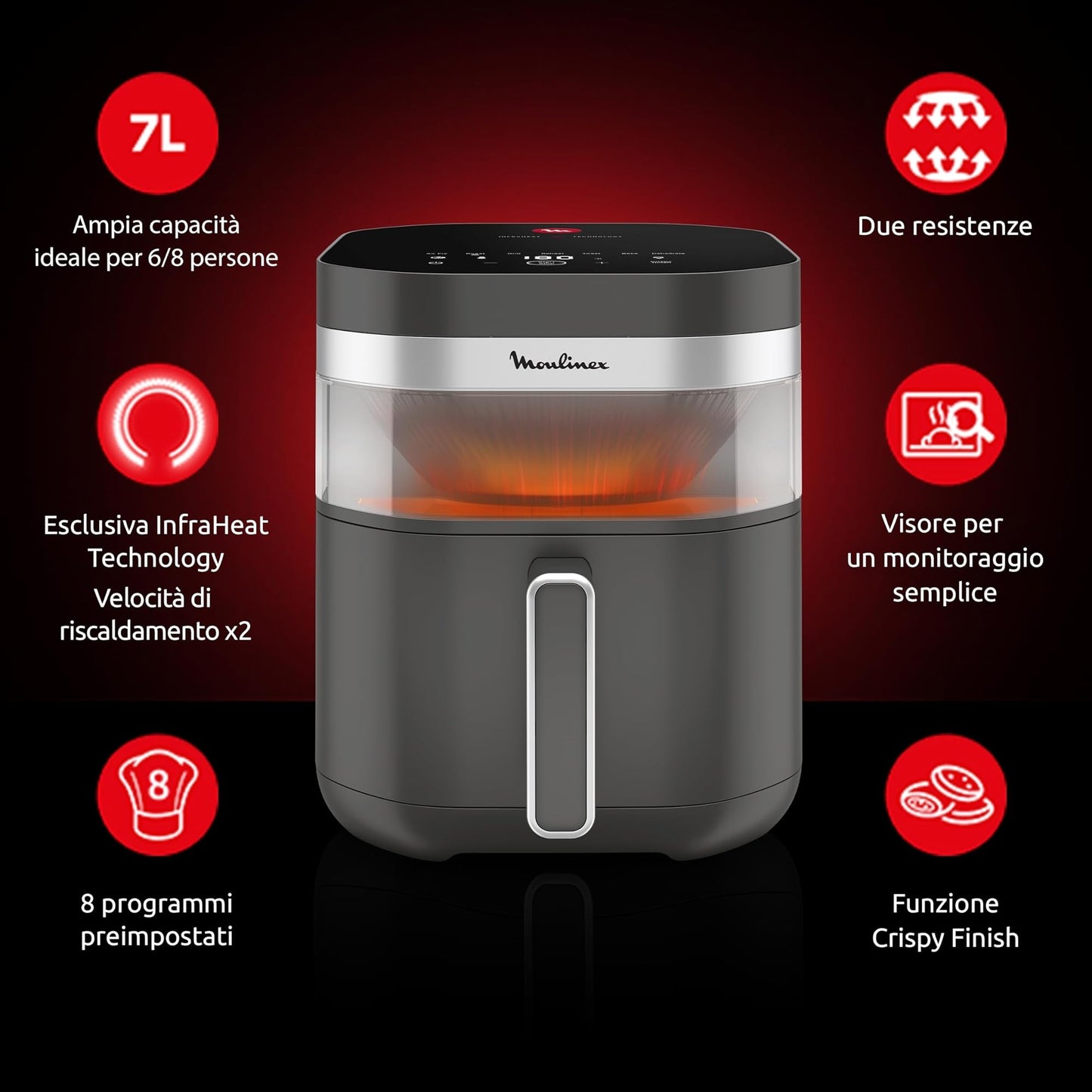 Moulinex Easy Fry Mega, Friggitrice ad Aria Versatile 7,5L/2kg per 8 Persone, 1700-2020W