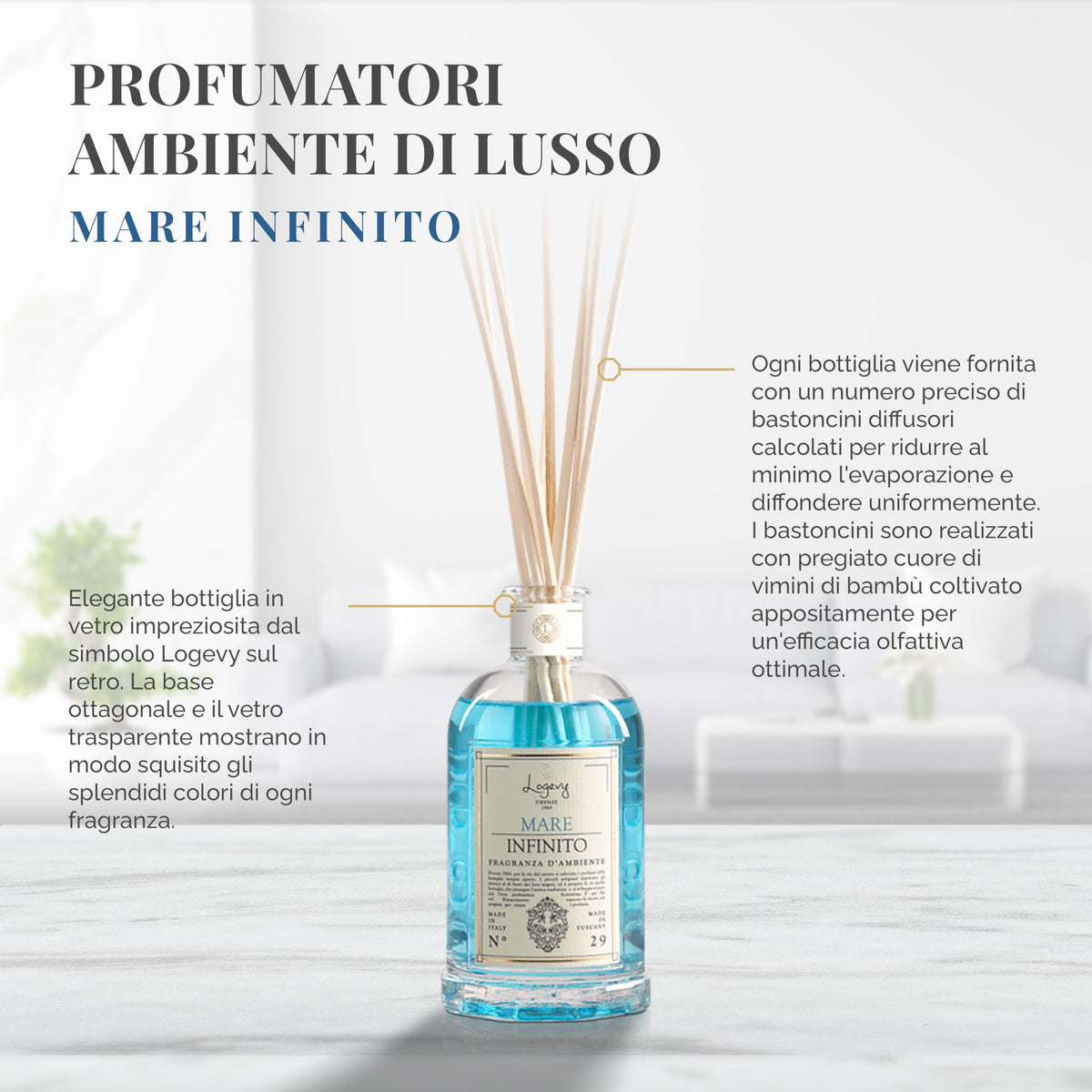 LOGEVY Mare Infinito Profumatore Ambiente con Bastoncini 500 ml