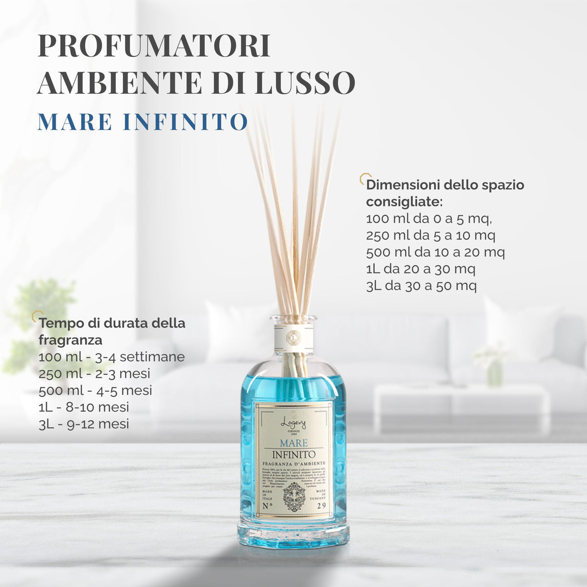 LOGEVY Mare Infinito Profumatore Ambiente con Bastoncini 500 ml